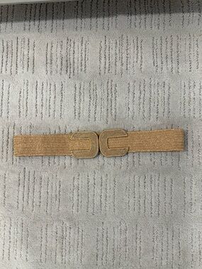 Raffia Elastic Waist Belt with Gold-Tone Buckle